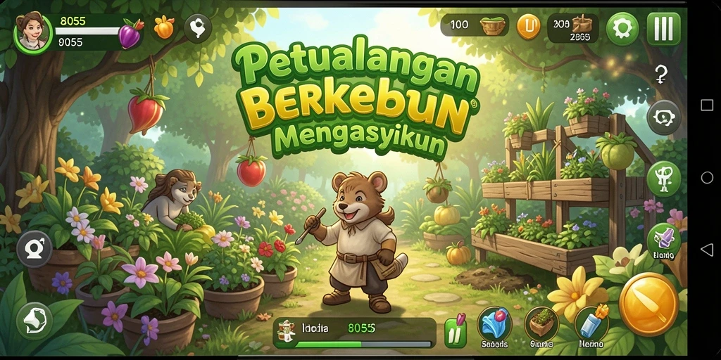 Tampilan gameplay yang menawan dalam 8055 dengan berbagai tanaman dan hewan.