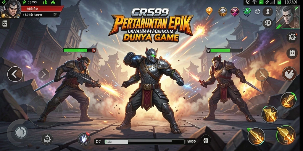 Tampilan gameplay seru dalam pertarungan <strong>CRS99</strong> dengan berbagai karakter.