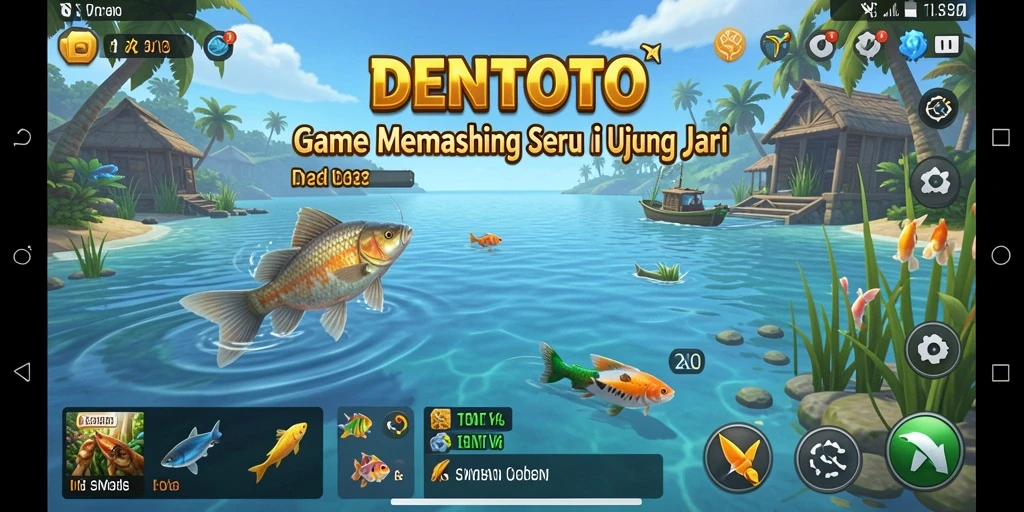 Screenshot DENTOTO menampilkan pemain menangkap ikan di lokasi indah.