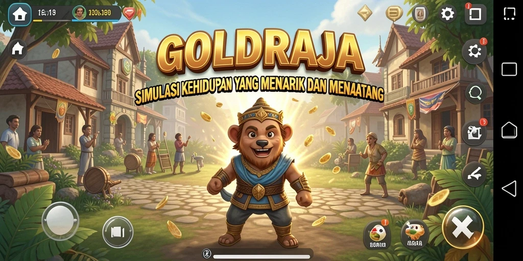 Screenshot gameplay GOLDRAJA menampilkan karakter yang berinteraksi dan membangun kehidupan.