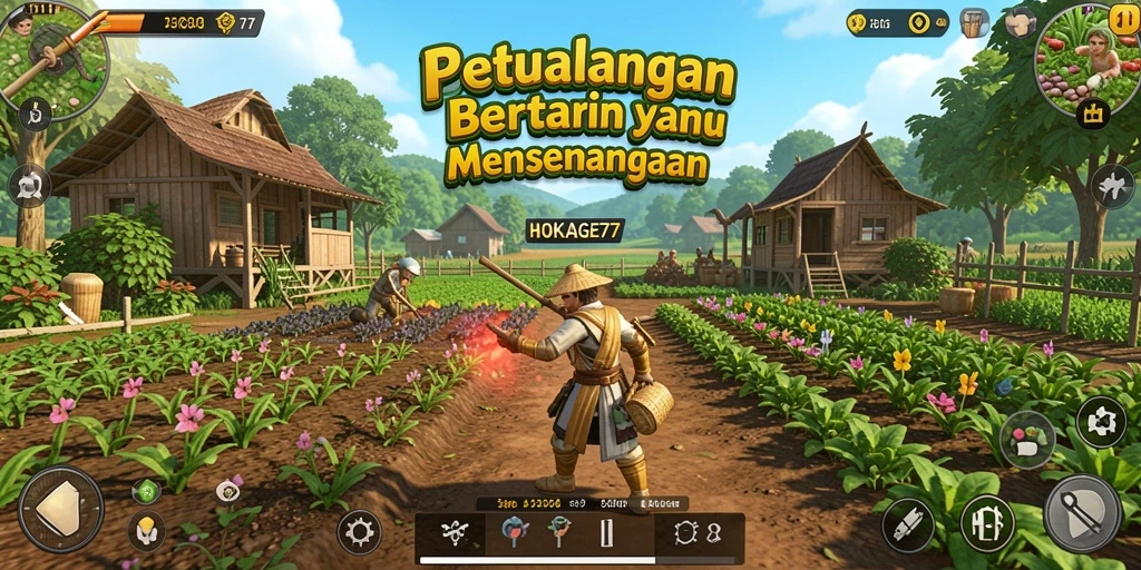Screenshot HOKAGE77 menampilkan gameplay bertani yang penuh warna dan aktif.