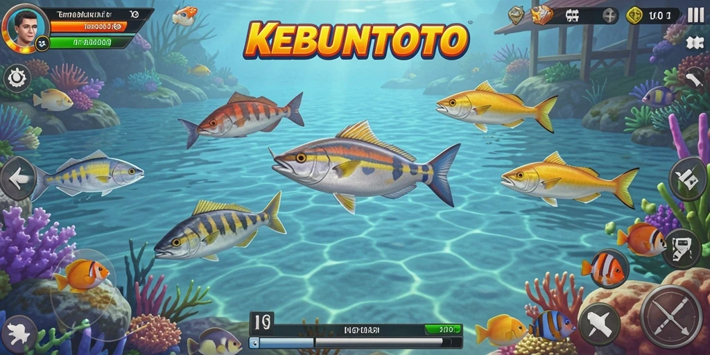 Gameplay seru KEBUNTOTO saat menembak ikan yang beragam.